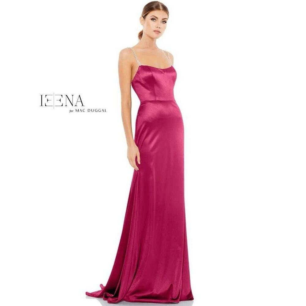 Mac Duggal Leena Hot Pink Satin Rhinestone Maxi Dress NWT Size 2